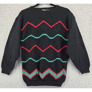 HABERDASHERY Vtg Christmas Sweater Sz PL Black Chevron Stripe Petite Holiday 80s